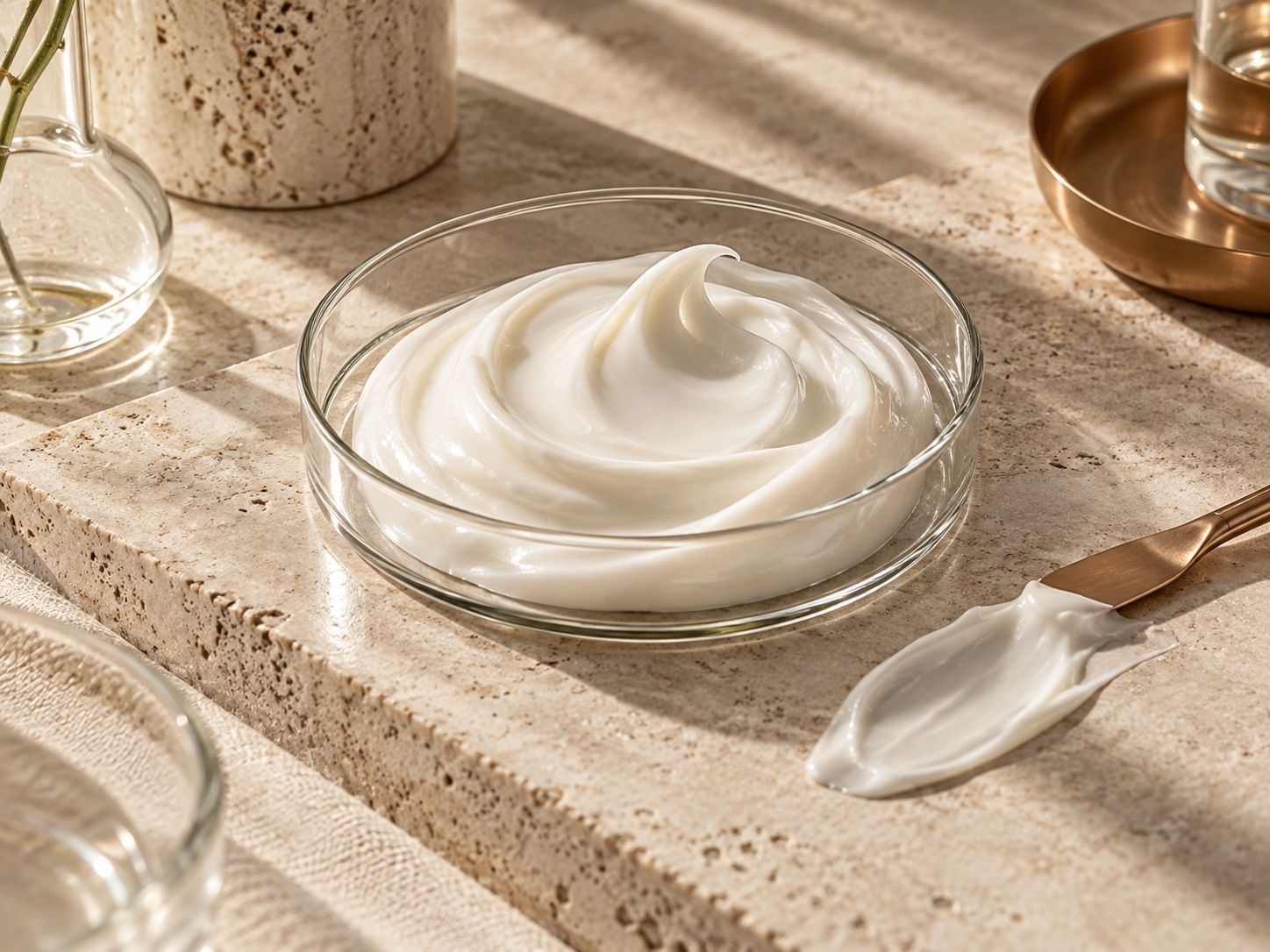 A cream swirled in a glass dish on travertine, with a copper spatula.