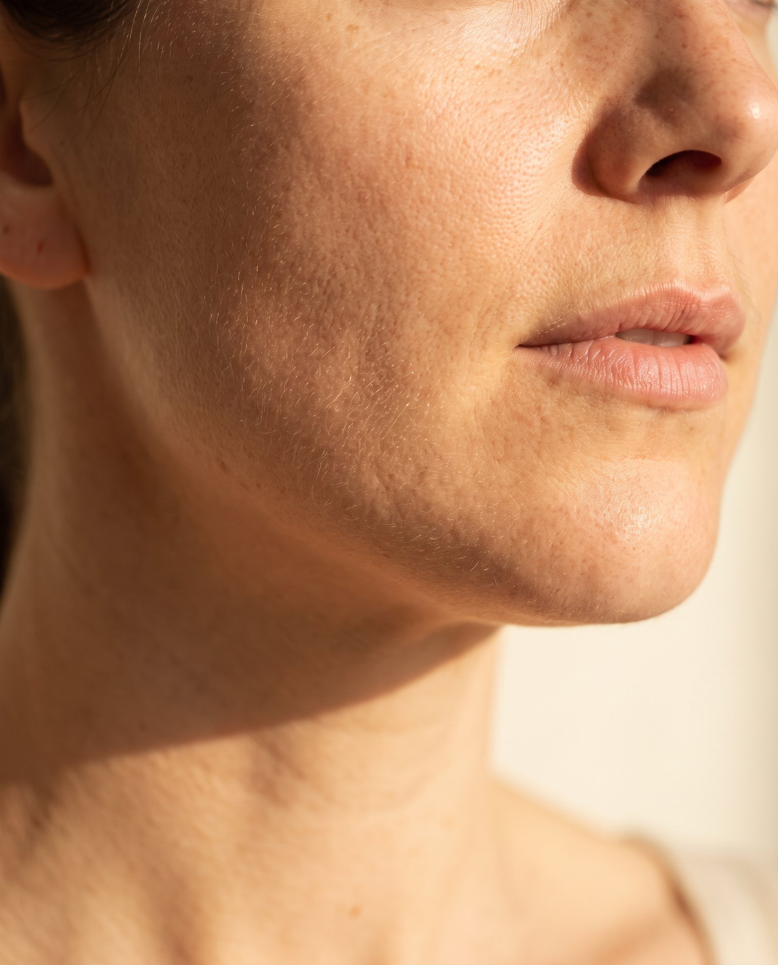 A close editorial crop of a cheek and jawline, skin left unretouched.